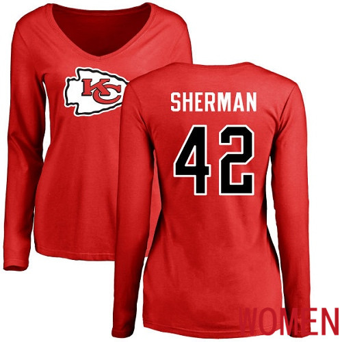 Women Kansas City Chiefs #42 Sherman Anthony Red Name and Number Logo Slim Fit Long Sleeve NFL T Shirt->youth nfl jersey->Youth Jersey